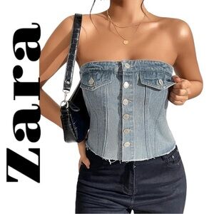 Zara sparkly denim button up corset top Jean sleeveless raw hem distressed Sz M